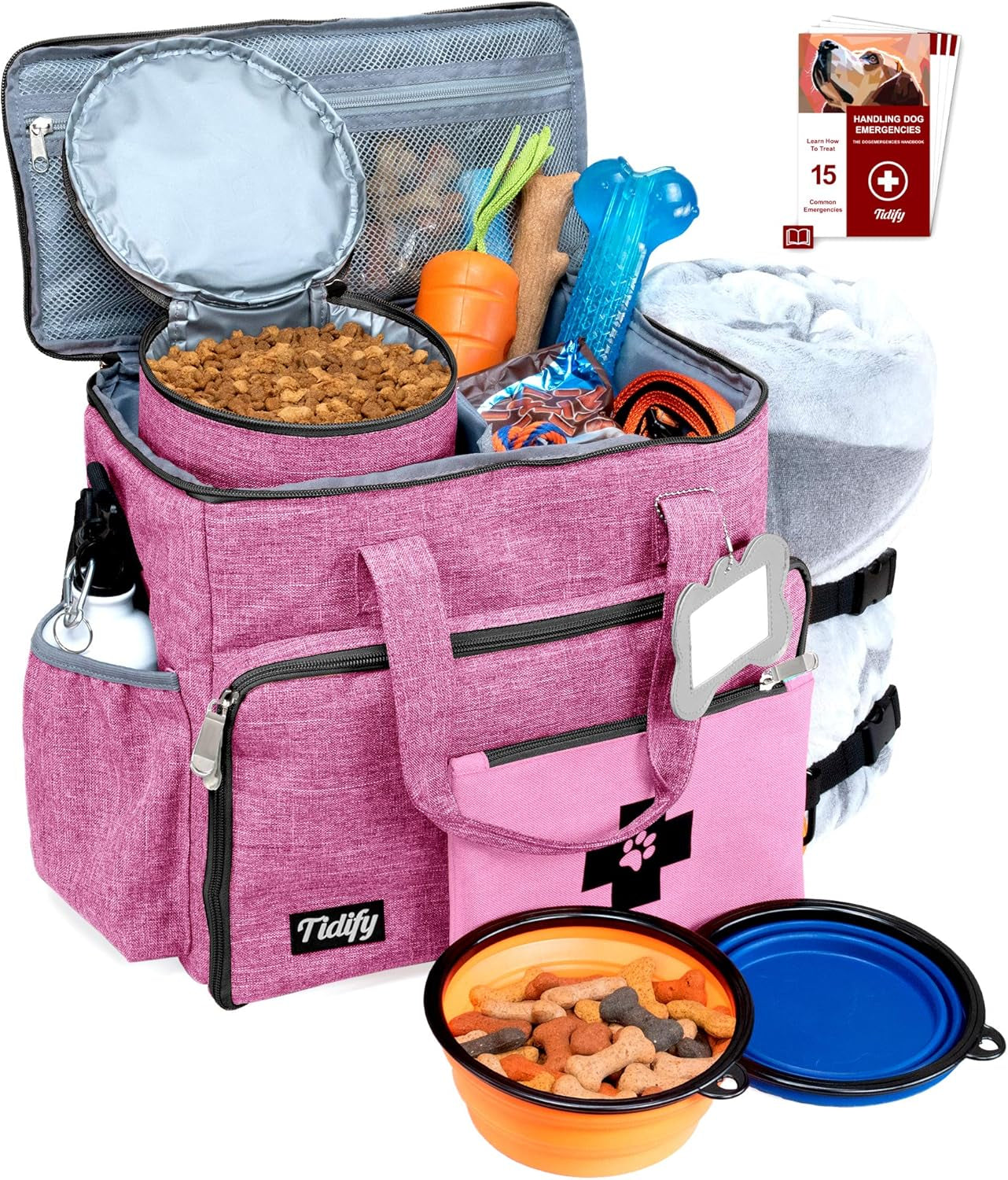 Airline-Approved Dog Travel Bag with Multi-Function Pockets, Food Containers, and Collapsible Bowls - Weekend Travel Tote for Pets (Pink)
