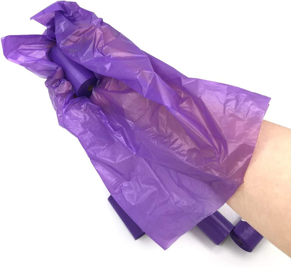 Leak-Proof Dog Waste Bags - 135 Count (9 Rolls, Purple) with Complimentary Bone Dispenser and D-Ring Carabiner Clip