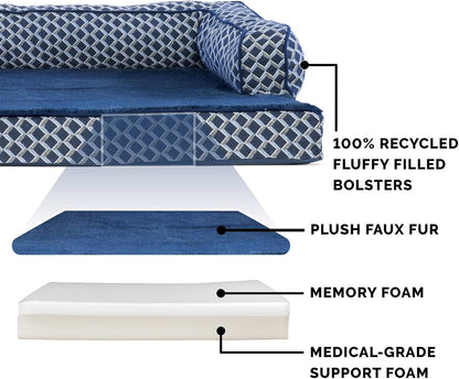 Memory Foam Dog Bed with Removable Bolsters and Washable Cover for Medium and Small Dogs up to 35 lbs - Plush Woven Design in Diamond Blue, Medium Size