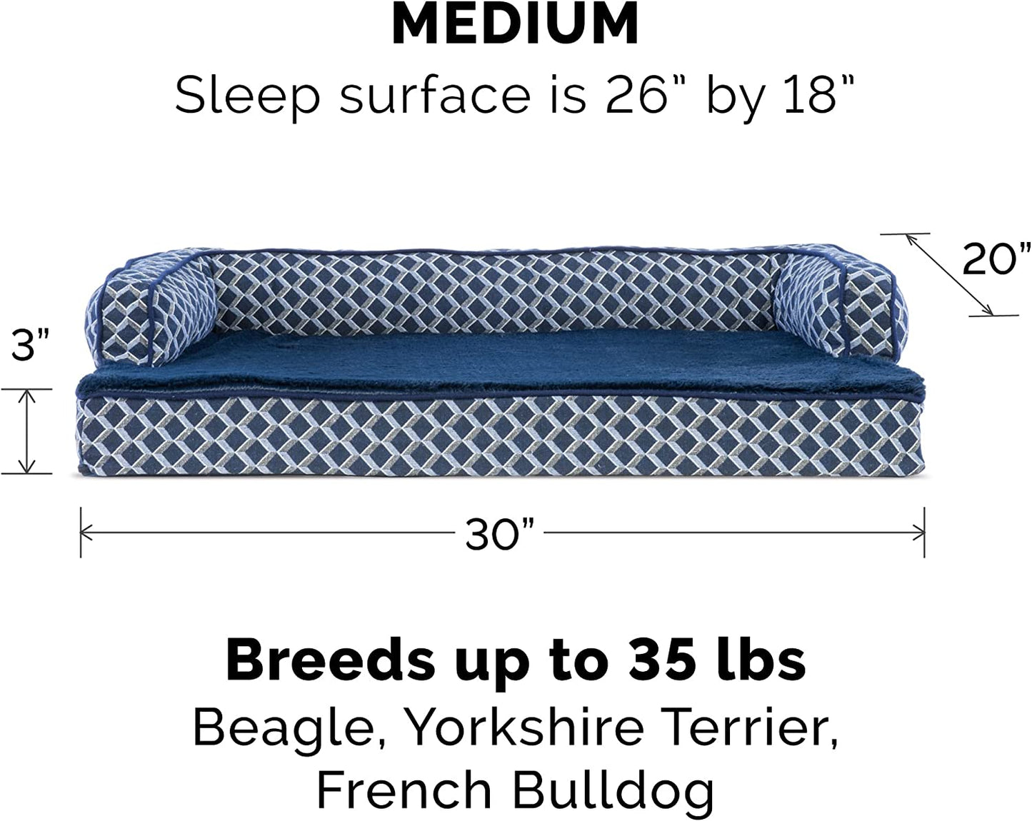 Memory Foam Dog Bed with Removable Bolsters and Washable Cover for Medium and Small Dogs up to 35 lbs - Plush Woven Design in Diamond Blue, Medium Size