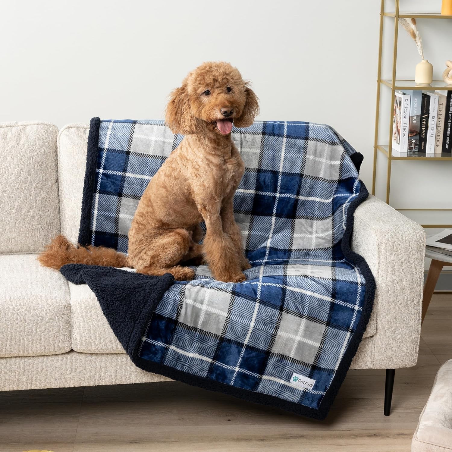 Reversible Waterproof Sherpa Fleece Dog Blanket for Small to Medium Pets - Soft, Washable Couch Cover with Leakproof Protection, 29x40 inches, Navy Blue Plaid