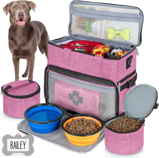 Airline-Approved Dog Travel Bag with Multi-Function Pockets, Food Containers, and Collapsible Bowls - Weekend Travel Tote for Pets (Pink)