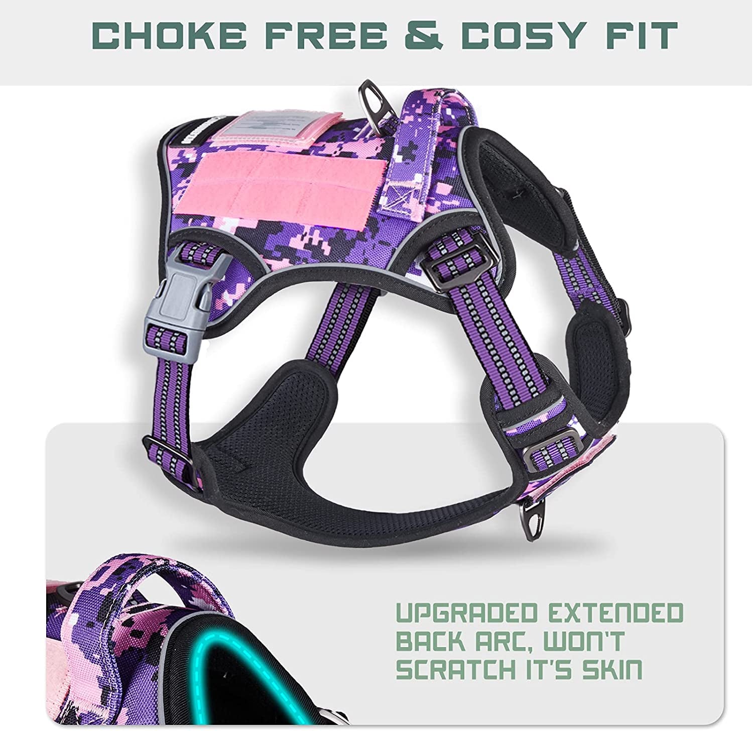 Tactical No-Pull Dog Harness for Large Breeds, Adjustable Reflective Vest with Handle, Purple Camo, XL