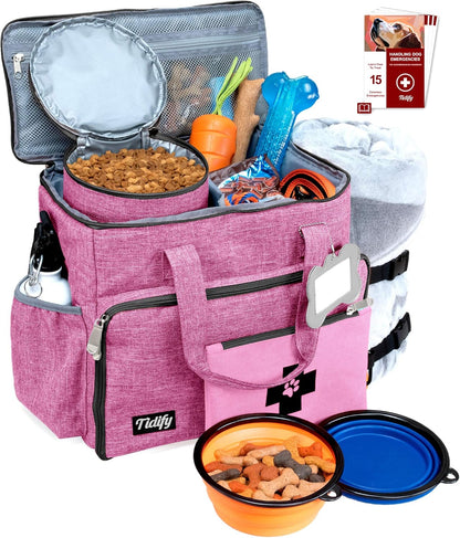 Airline-Approved Dog Travel Bag with Multi-Function Pockets, Food Containers, and Collapsible Bowls - Weekend Travel Tote for Pets (Pink)
