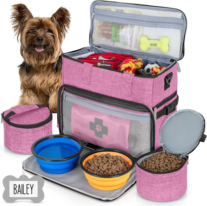 Airline-Approved Dog Travel Bag with Multi-Function Pockets, Food Containers, and Collapsible Bowls - Weekend Travel Tote for Pets (Pink)