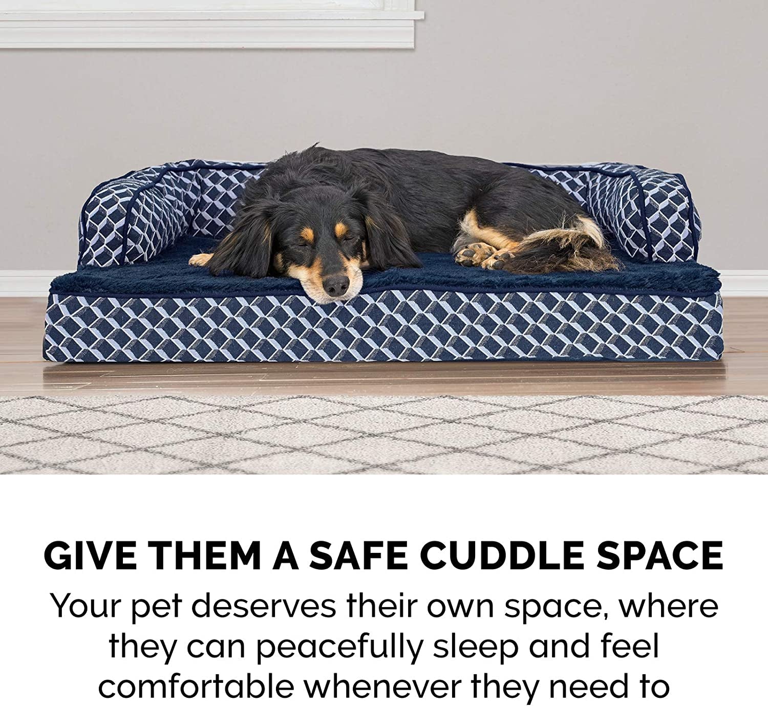 Memory Foam Dog Bed with Removable Bolsters and Washable Cover for Medium and Small Dogs up to 35 lbs - Plush Woven Design in Diamond Blue, Medium Size
