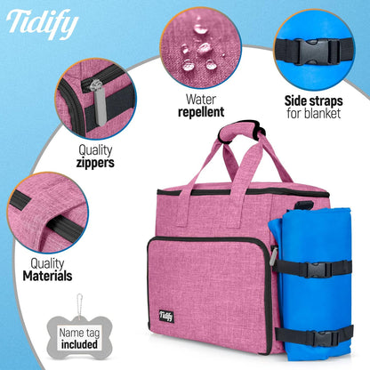 Airline-Approved Dog Travel Bag with Multi-Function Pockets, Food Containers, and Collapsible Bowls - Weekend Travel Tote for Pets (Pink)
