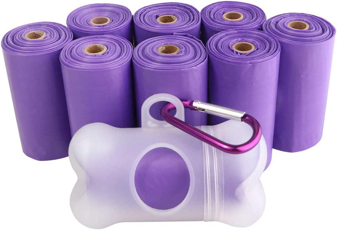 Leak-Proof Dog Waste Bags - 135 Count (9 Rolls, Purple) with Complimentary Bone Dispenser and D-Ring Carabiner Clip
