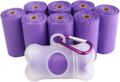 Leak-Proof Dog Waste Bags - 135 Count (9 Rolls, Purple) with Complimentary Bone Dispenser and D-Ring Carabiner Clip