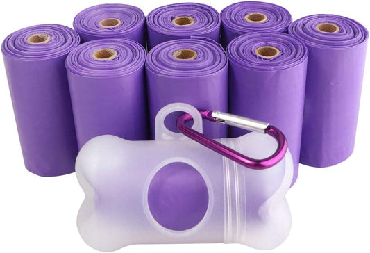 Leak-Proof Dog Waste Bags - 135 Count (9 Rolls, Purple) with Complimentary Bone Dispenser and D-Ring Carabiner Clip