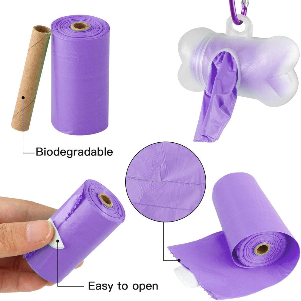 Leak-Proof Dog Waste Bags - 135 Count (9 Rolls, Purple) with Complimentary Bone Dispenser and D-Ring Carabiner Clip