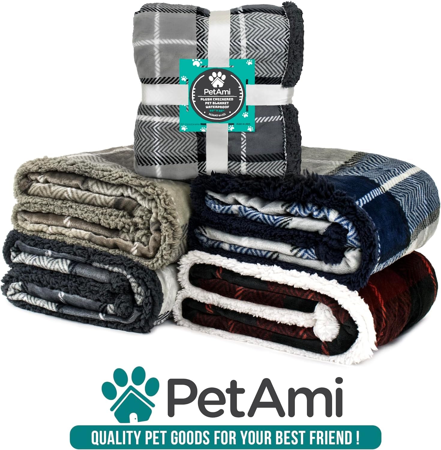 Reversible Waterproof Sherpa Fleece Dog Blanket for Small to Medium Pets - Soft, Washable Couch Cover with Leakproof Protection, 29x40 inches, Navy Blue Plaid