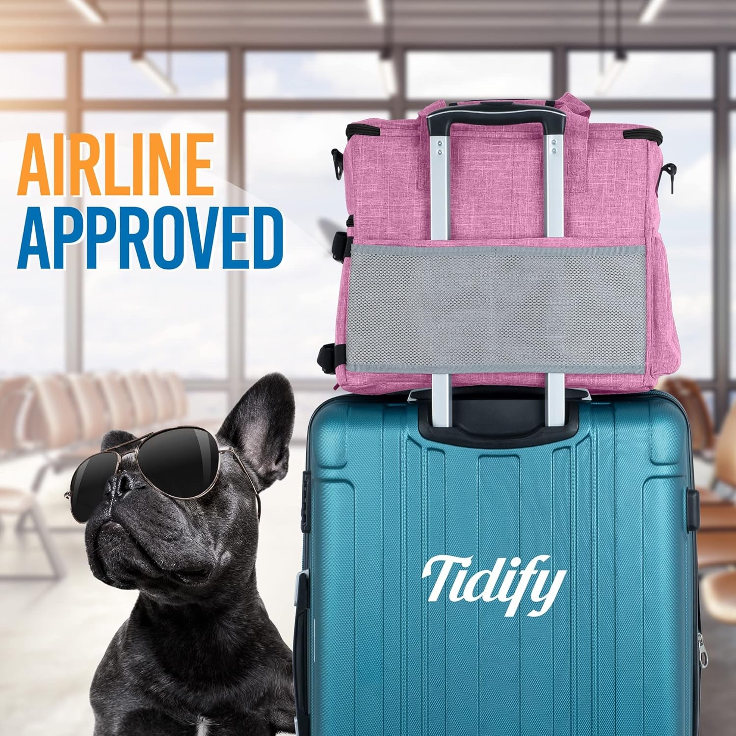 Airline-Approved Dog Travel Bag with Multi-Function Pockets, Food Containers, and Collapsible Bowls - Weekend Travel Tote for Pets (Pink)