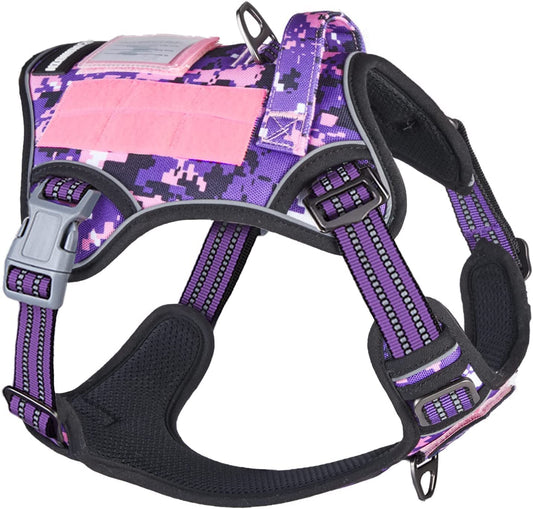 Tactical No-Pull Dog Harness for Large Breeds, Adjustable Reflective Vest with Handle, Purple Camo, XL