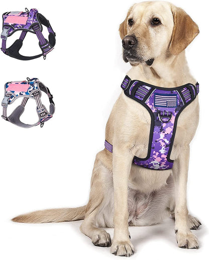 Tactical No-Pull Dog Harness for Large Breeds, Adjustable Reflective Vest with Handle, Purple Camo, XL