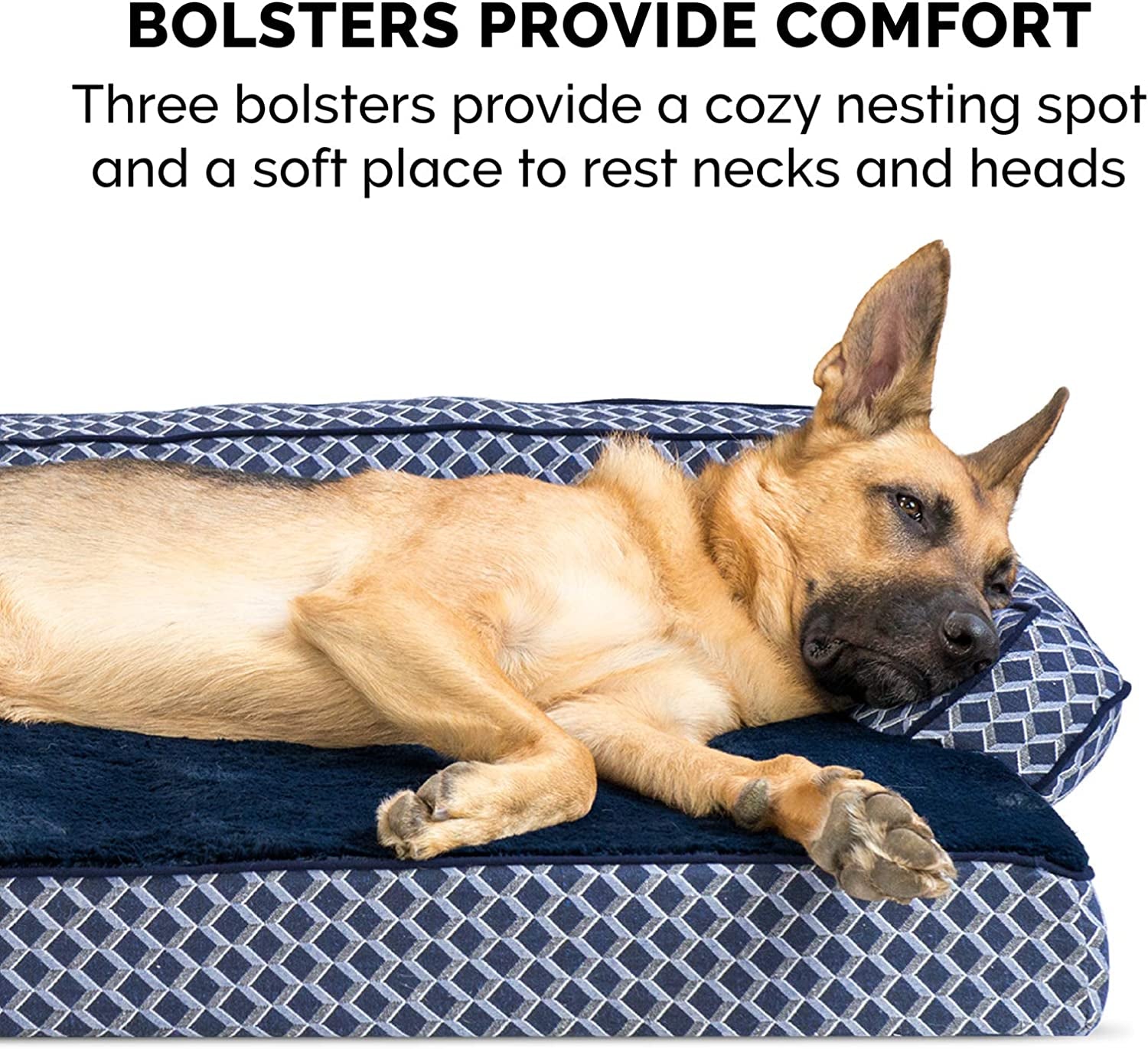 Memory Foam Dog Bed with Removable Bolsters and Washable Cover for Medium and Small Dogs up to 35 lbs - Plush Woven Design in Diamond Blue, Medium Size
