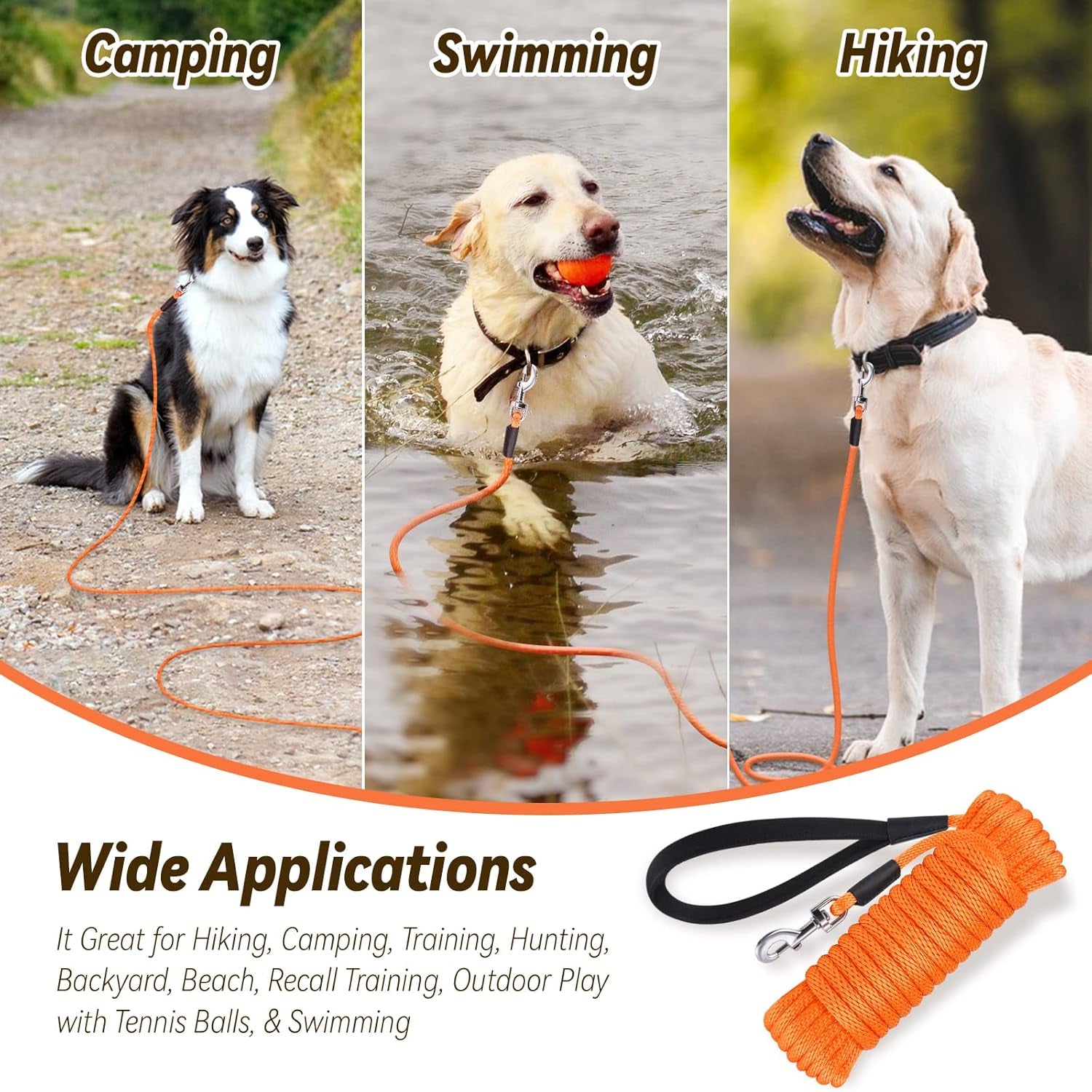 Heavy-Duty Check Cord Dog Leash with Comfortable Handle - Long Lead Training and Tracking Line for Small, Medium, and Large Dogs (Available in 10ft, 15ft, 30ft, and 50ft)