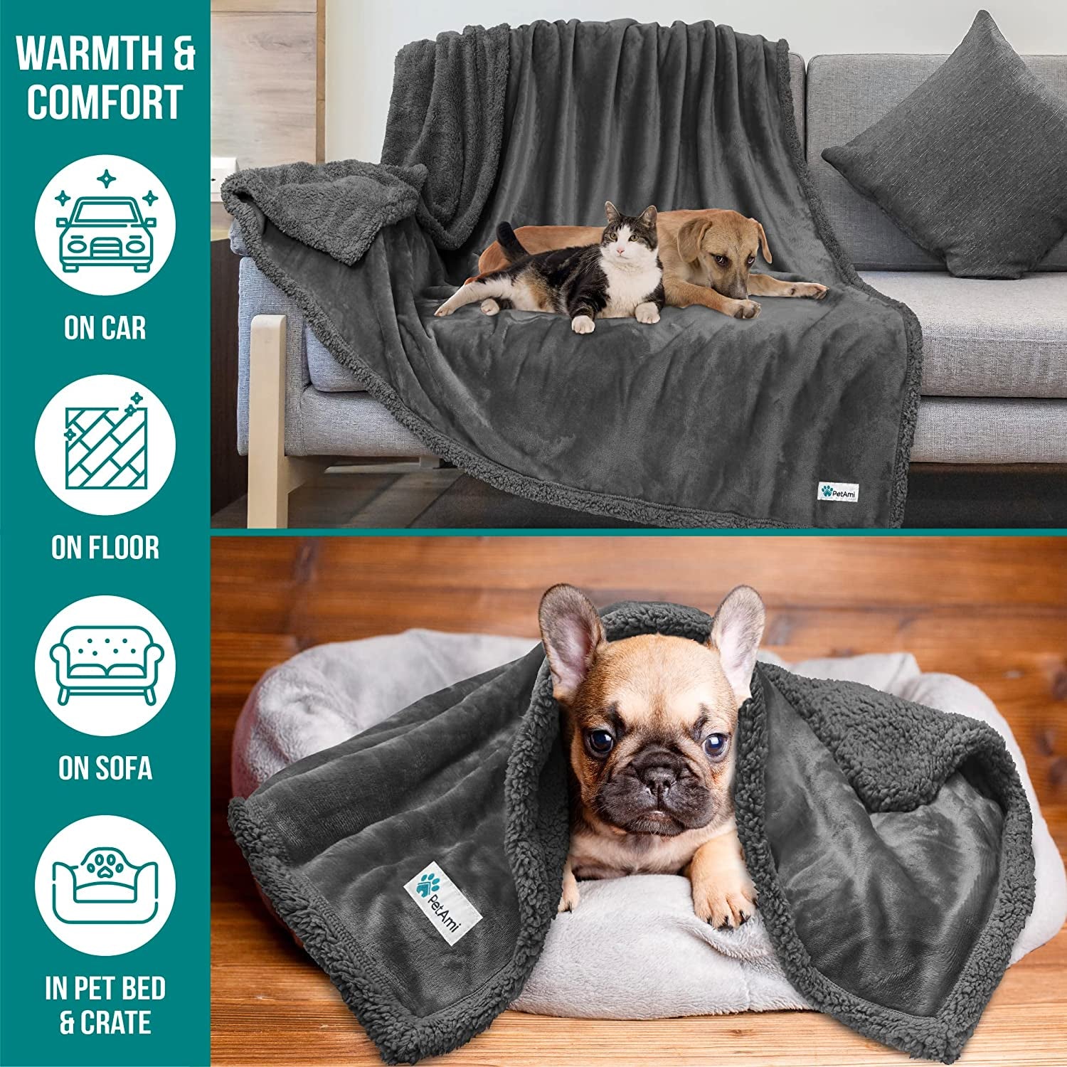 Extra Large Dog Blanket for Bed - Soft Reversible Fleece Protector for Furniture, Couch, Car, and Kennel - Plush Sherpa Cat Throw - Washable Twin Size 60x80 in Solid Dark Gray