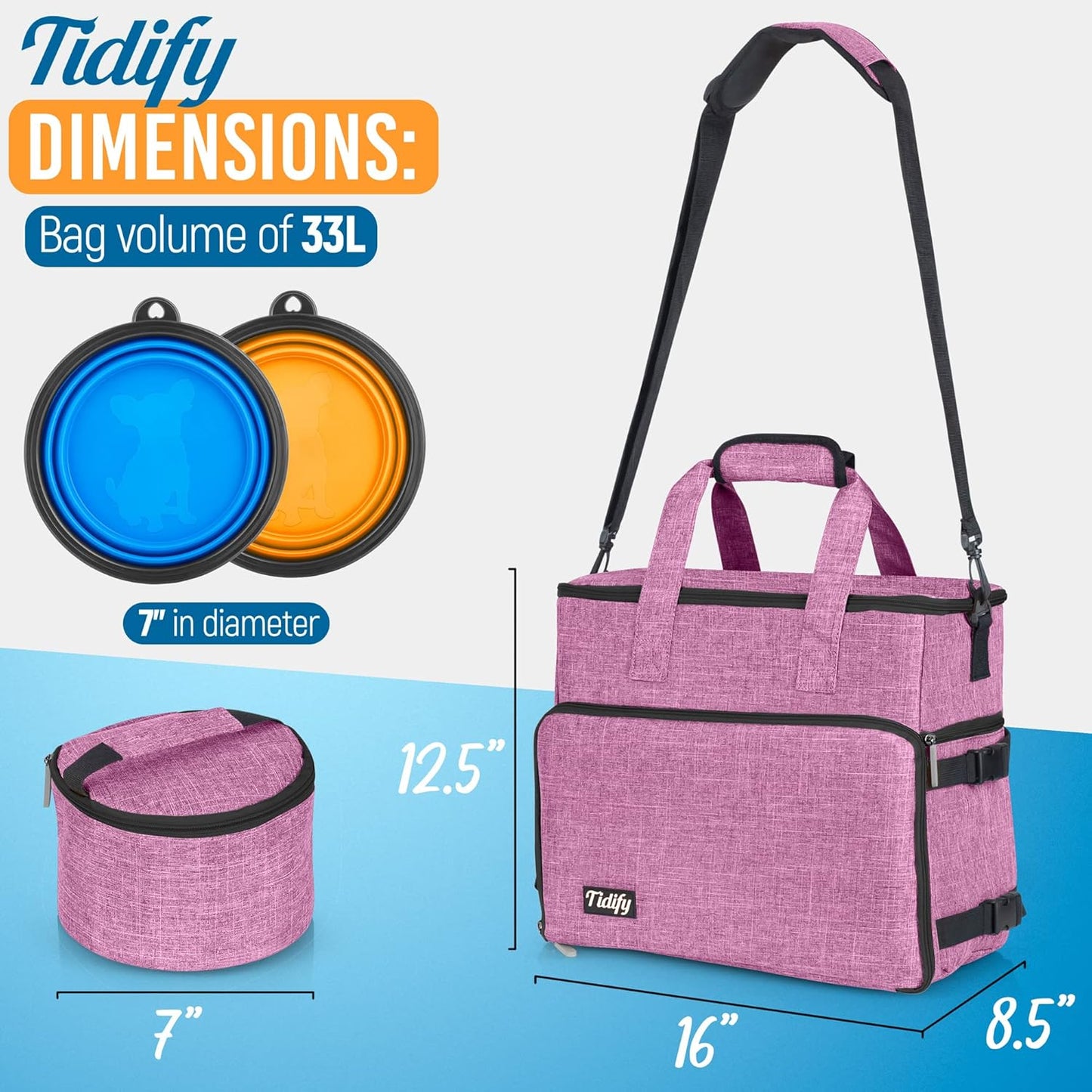 Airline-Approved Dog Travel Bag with Multi-Function Pockets, Food Containers, and Collapsible Bowls - Weekend Travel Tote for Pets (Pink)