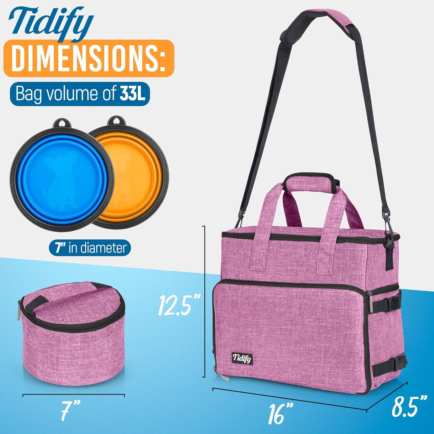 Airline-Approved Dog Travel Bag with Multi-Function Pockets, Food Containers, and Collapsible Bowls - Weekend Travel Tote for Pets (Pink)