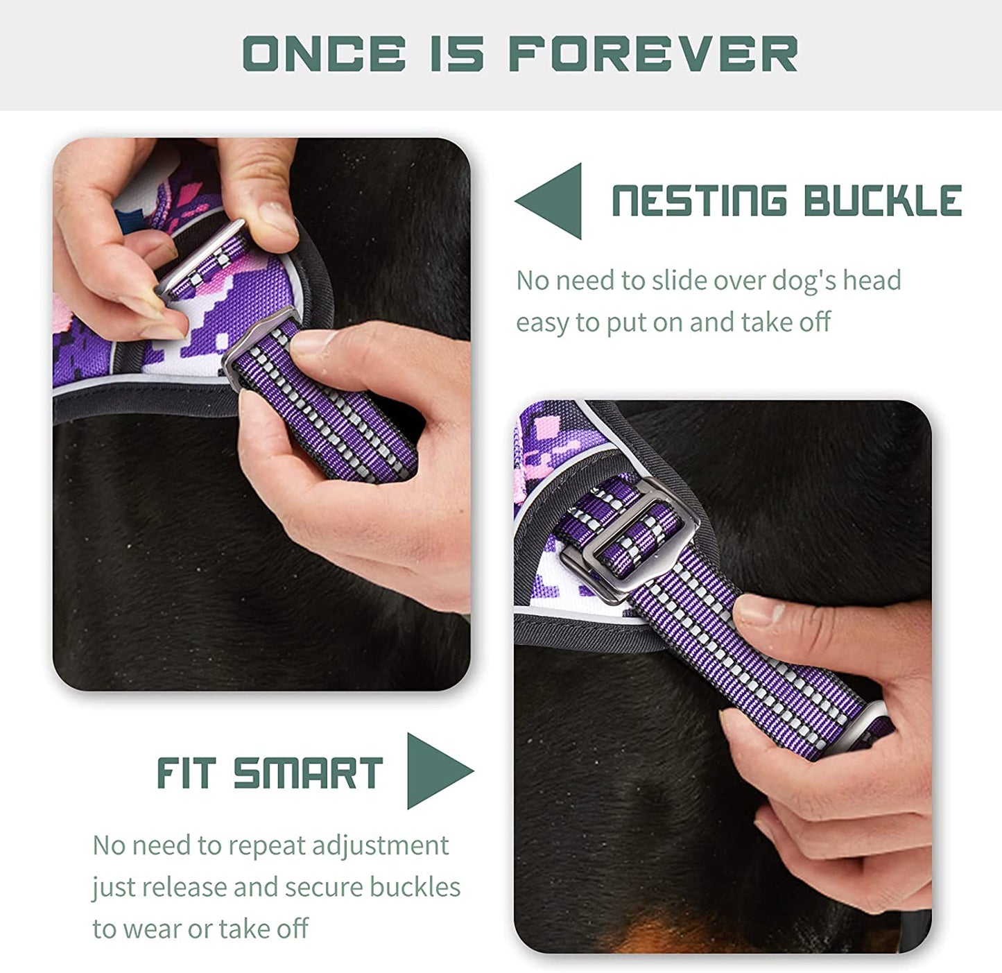 Tactical No-Pull Dog Harness for Large Breeds, Adjustable Reflective Vest with Handle, Purple Camo, XL