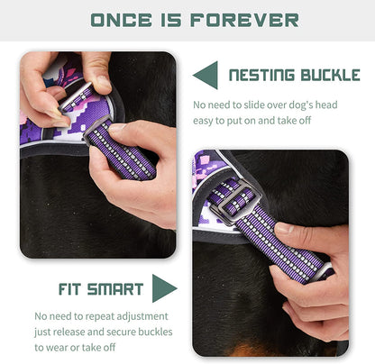Tactical No-Pull Dog Harness for Large Breeds, Adjustable Reflective Vest with Handle, Purple Camo, XL
