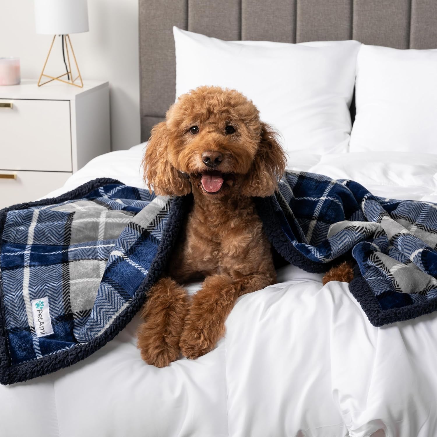 Reversible Waterproof Sherpa Fleece Dog Blanket for Small to Medium Pets - Soft, Washable Couch Cover with Leakproof Protection, 29x40 inches, Navy Blue Plaid