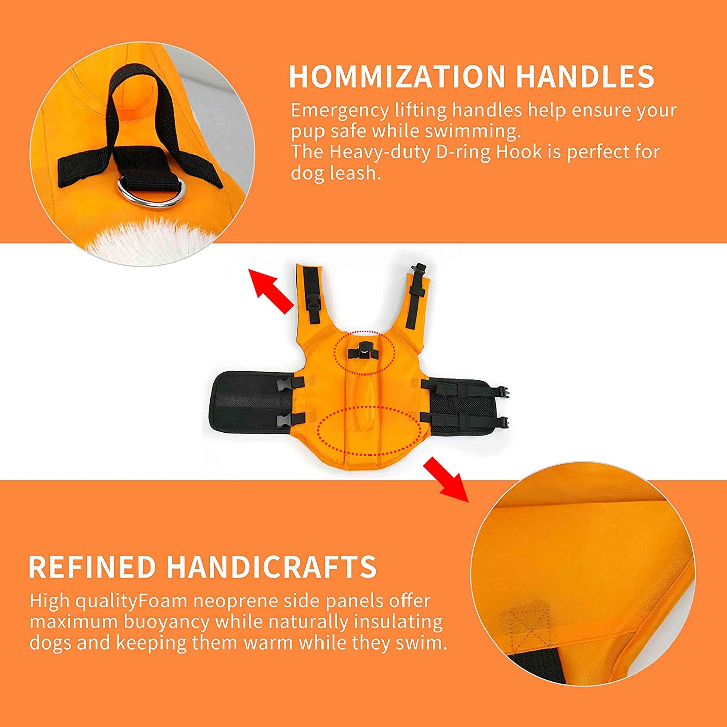 Dog Life Jacket - Adjustable Pet Swimming Vest for Short-Nosed Breeds (Pug, Bulldog, Poodle, Bull Terrier) - Medium, Orange