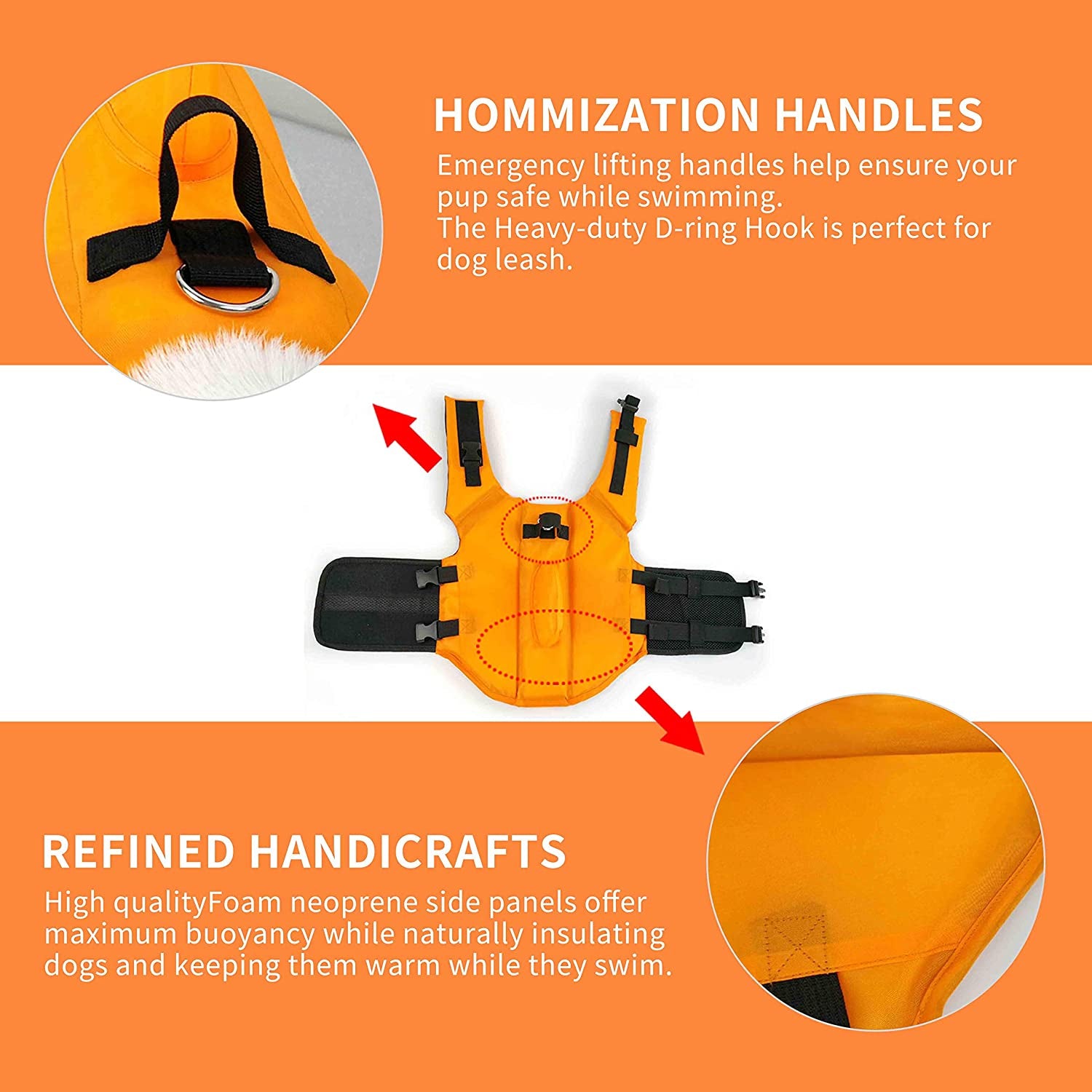 Dog Life Jacket - Adjustable Pet Swimming Vest for Short-Nosed Breeds (Pug, Bulldog, Poodle, Bull Terrier) - Medium, Orange