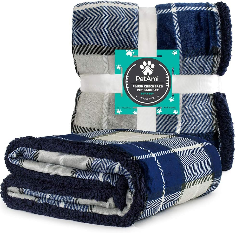 Reversible Waterproof Sherpa Fleece Dog Blanket for Small to Medium Pets - Soft, Washable Couch Cover with Leakproof Protection, 29x40 inches, Navy Blue Plaid