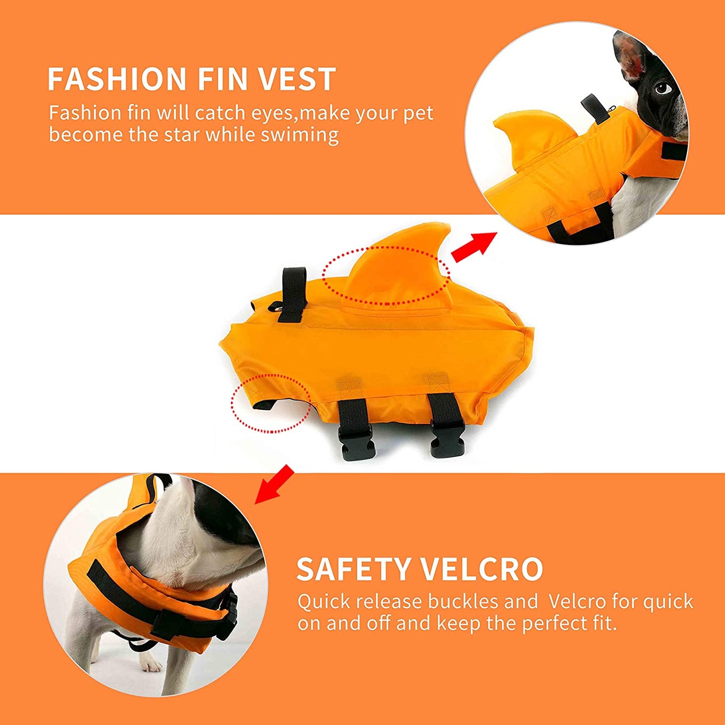 Dog Life Jacket - Adjustable Pet Swimming Vest for Short-Nosed Breeds (Pug, Bulldog, Poodle, Bull Terrier) - Medium, Orange
