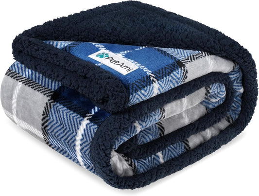 Reversible Waterproof Sherpa Fleece Dog Blanket for Small to Medium Pets - Soft, Washable Couch Cover with Leakproof Protection, 29x40 inches, Navy Blue Plaid
