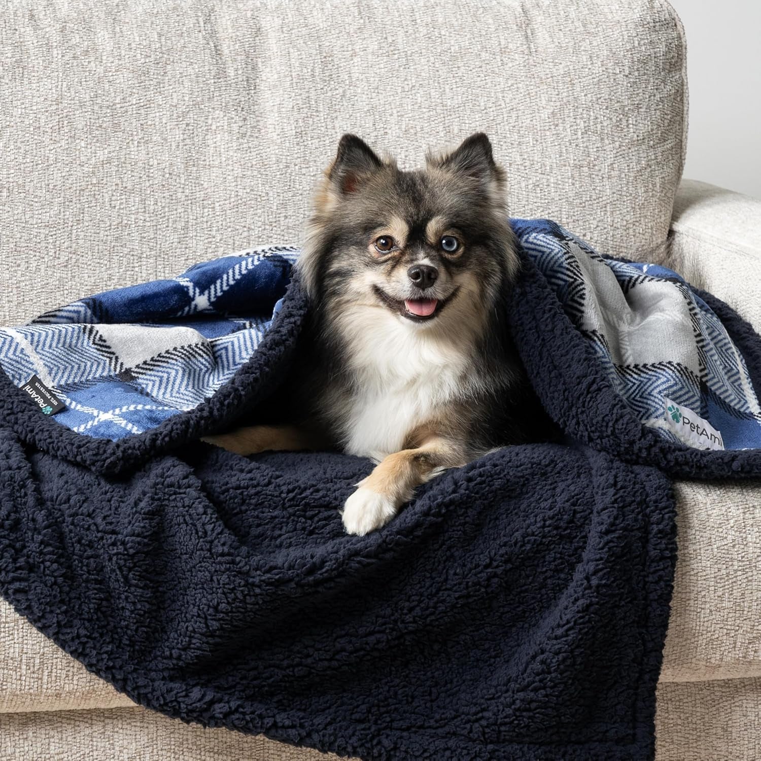 Reversible Waterproof Sherpa Fleece Dog Blanket for Small to Medium Pets - Soft, Washable Couch Cover with Leakproof Protection, 29x40 inches, Navy Blue Plaid